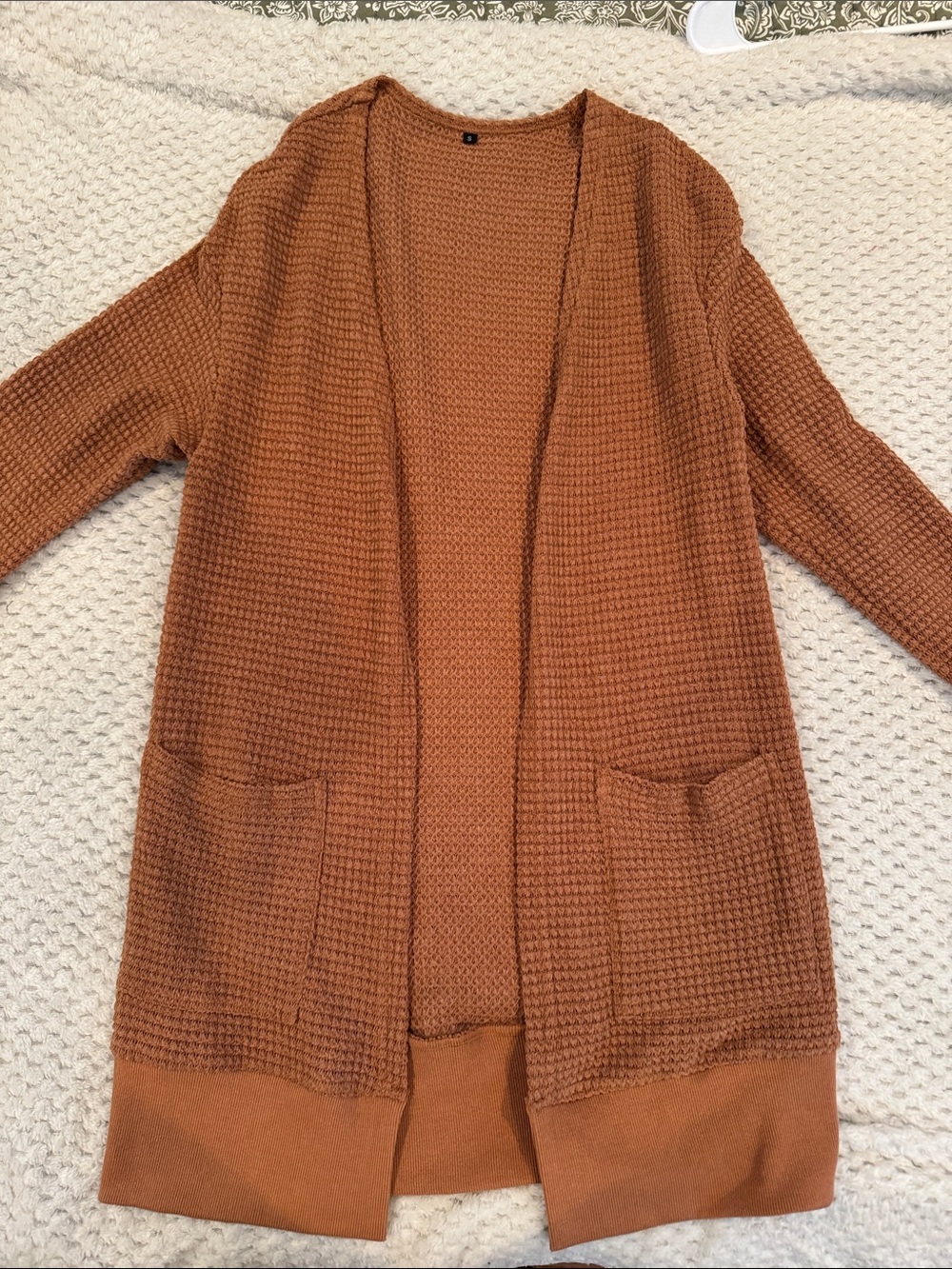 SHEIN Open-Front Waffle Knit Cardigan in Rust Brown